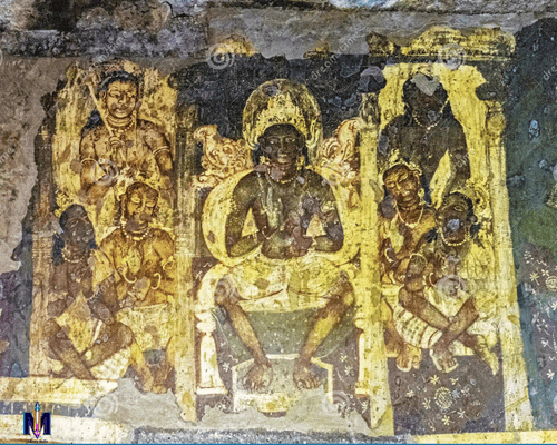 Mural painting from the Ajanta Caves depicting Buddhist Jataka tales with rich color and spiritual symbolism.”