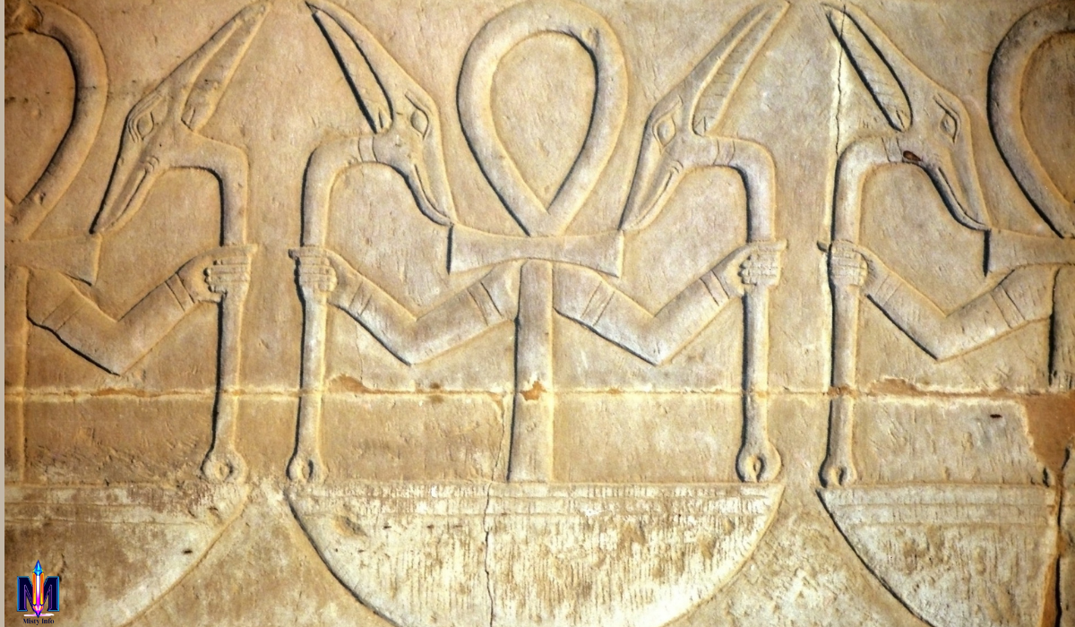 Ancient Egyptian relief carving depicting religious symbolism and hieroglyphs, representing the artistry and spiritual depth of Ancient Artz.