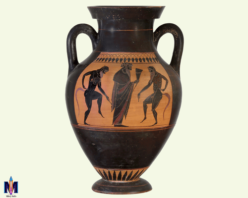 Ancient Greek black-figure amphora depicting mythological figures in narrative terracotta pottery style.
