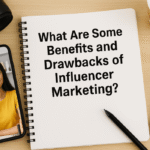 Notebook with the title 'What Are Some Benefits and Drawbacks of Influencer Marketing?' next to a smiling influencer on a smartphone screen – main header image illustrating the topic of influencer marketing analysis