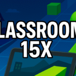 Bold Classroom 15x title displayed over a digital gaming background with a neon slope and 3D shapes, representing unblocked online games for students.