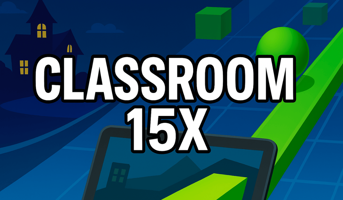 Bold Classroom 15x title displayed over a digital gaming background with a neon slope and 3D shapes, representing unblocked online games for students.